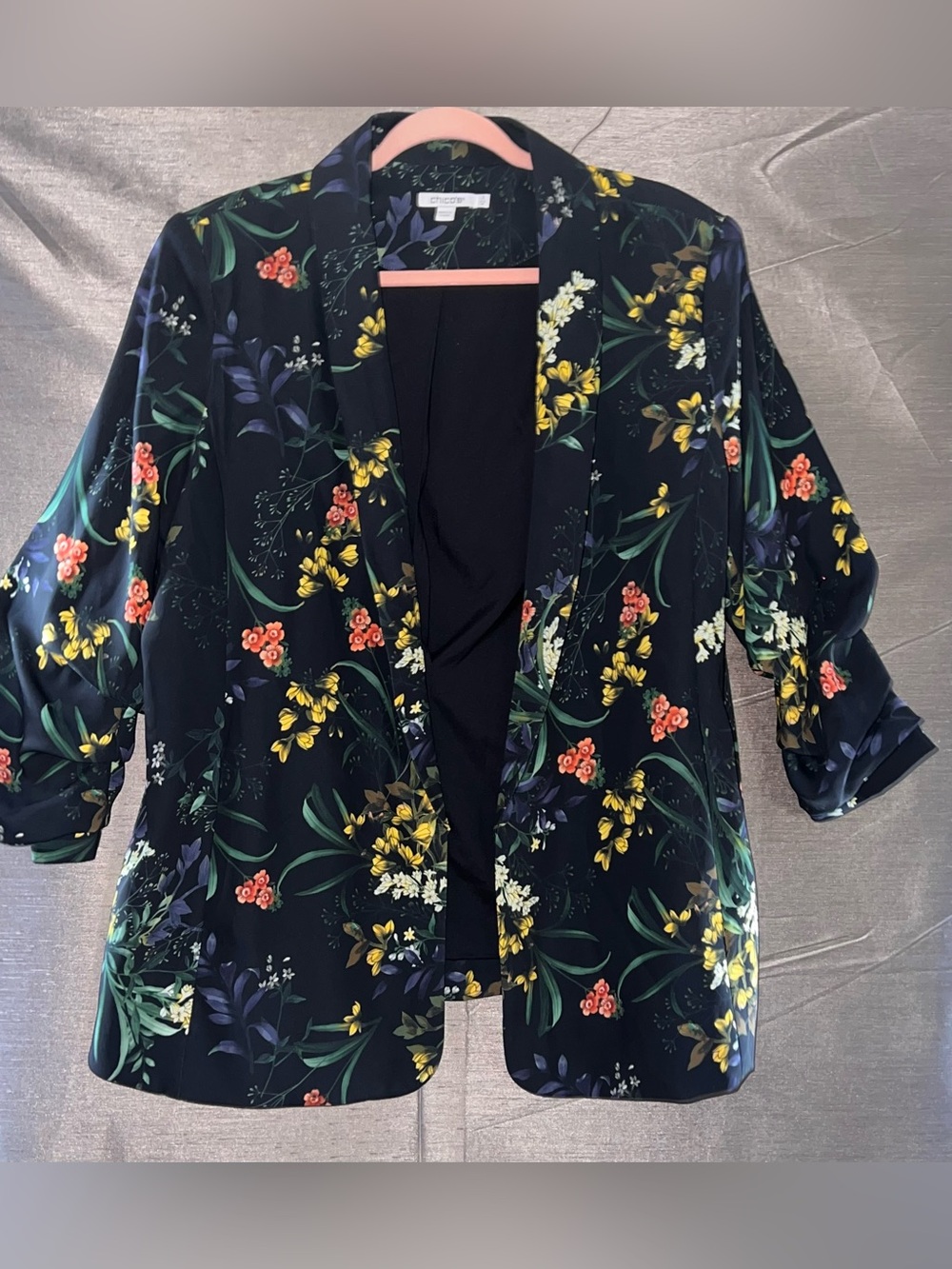 Chico's Black Floral Ruched 3/4 Sleeve Open Front Blazer Jacket Size 3/ XL